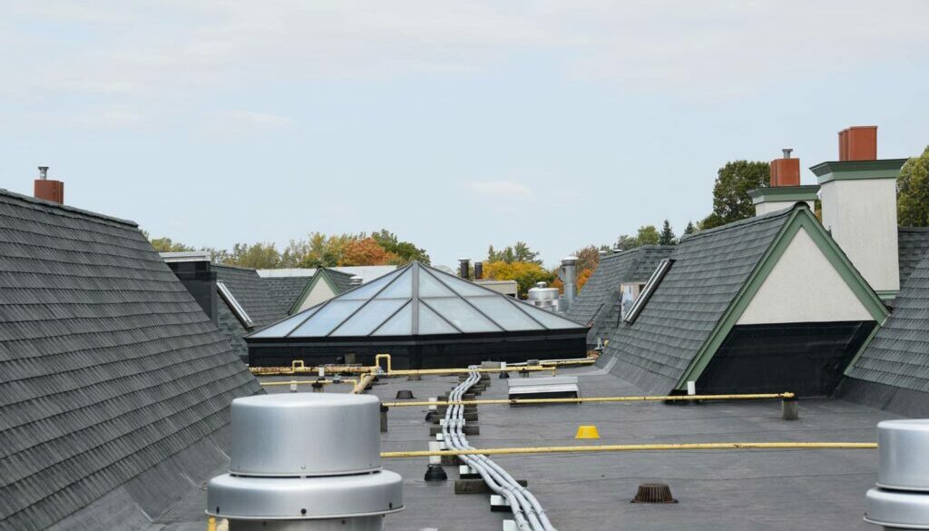 Flat roof with skylight and shingles