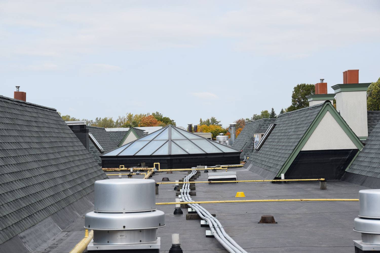 Flat roof with skylight and shingles