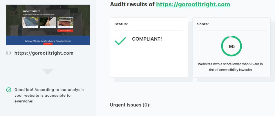 Accessibility Evaluation report for roof it right with a compliant score