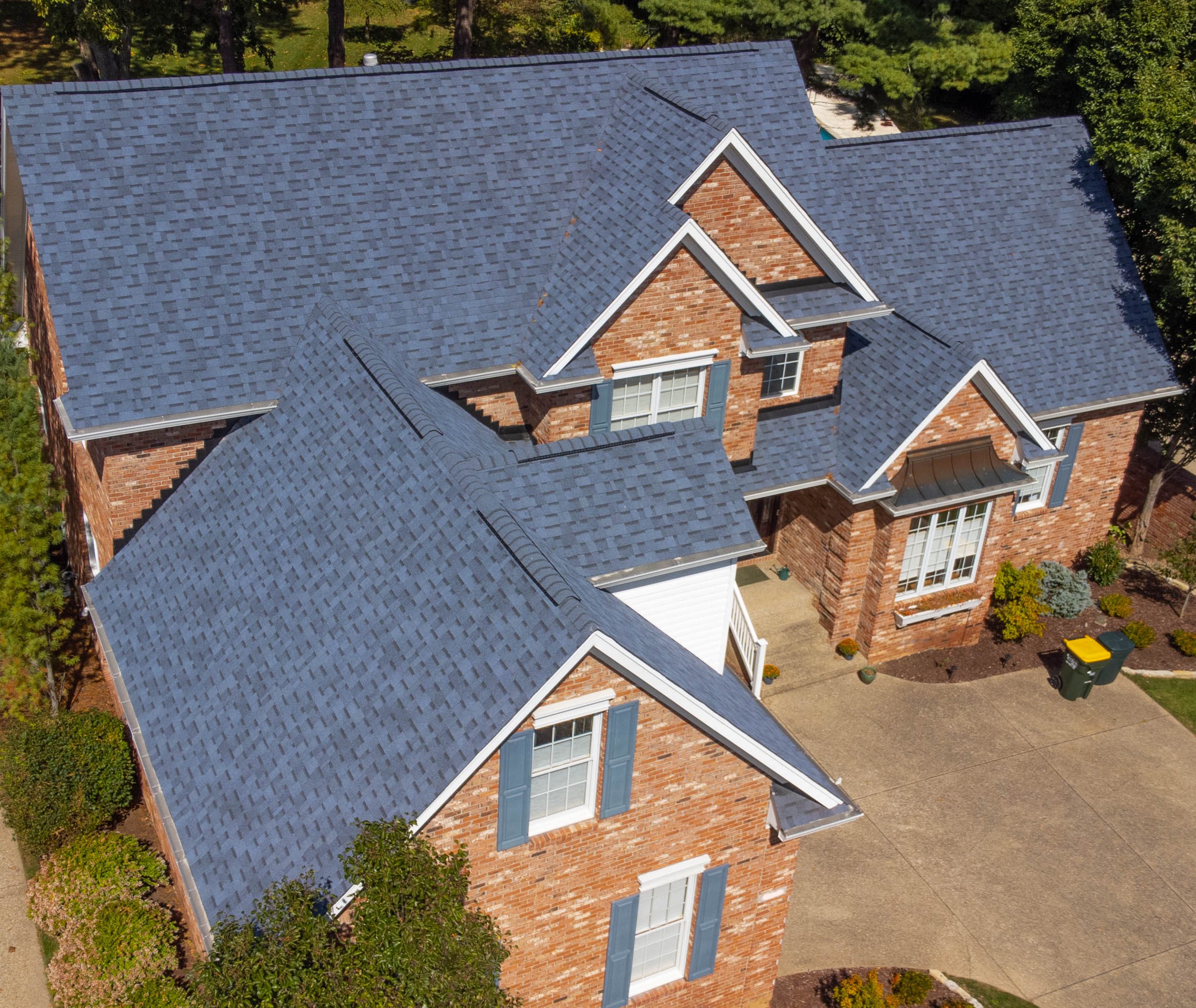 Aerial frontside view of full roof installation completed by Roof it Right
