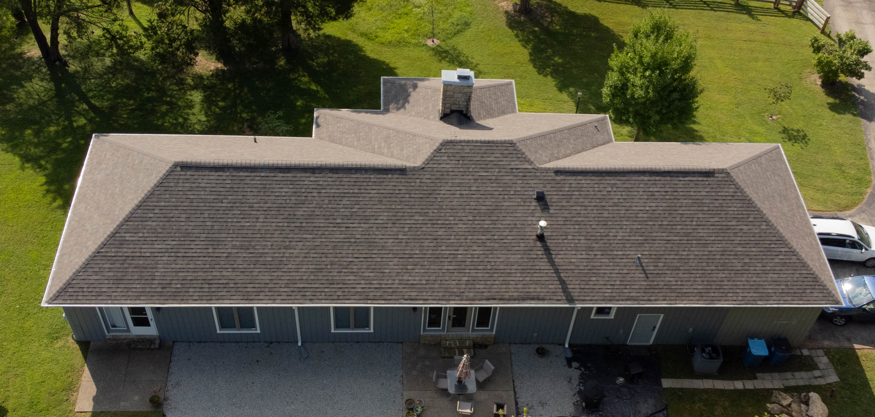 Aerial backside view of full roof installation completed by Roof it Right