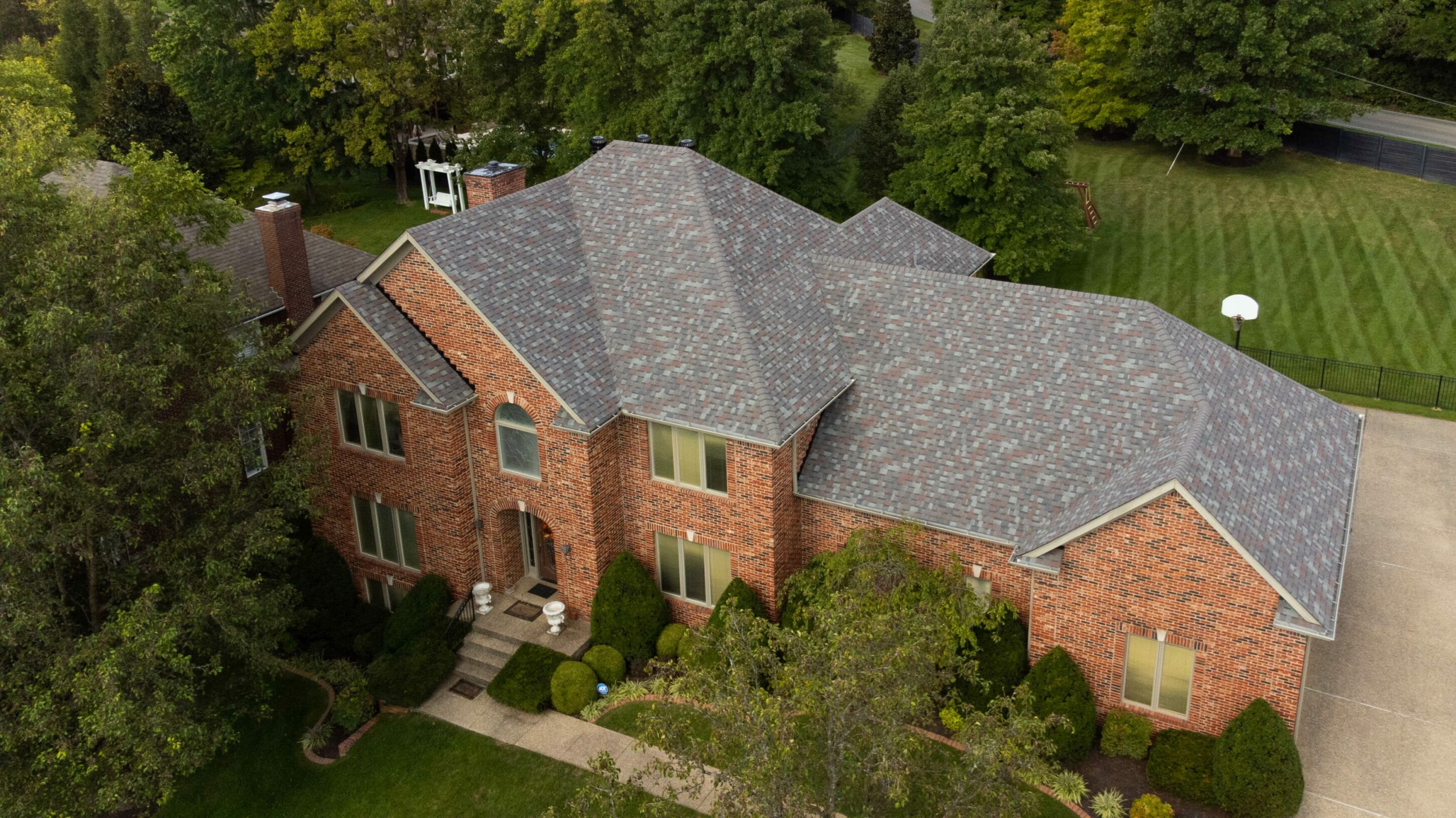Aerial front view of full roof installation completed by Roof it Right