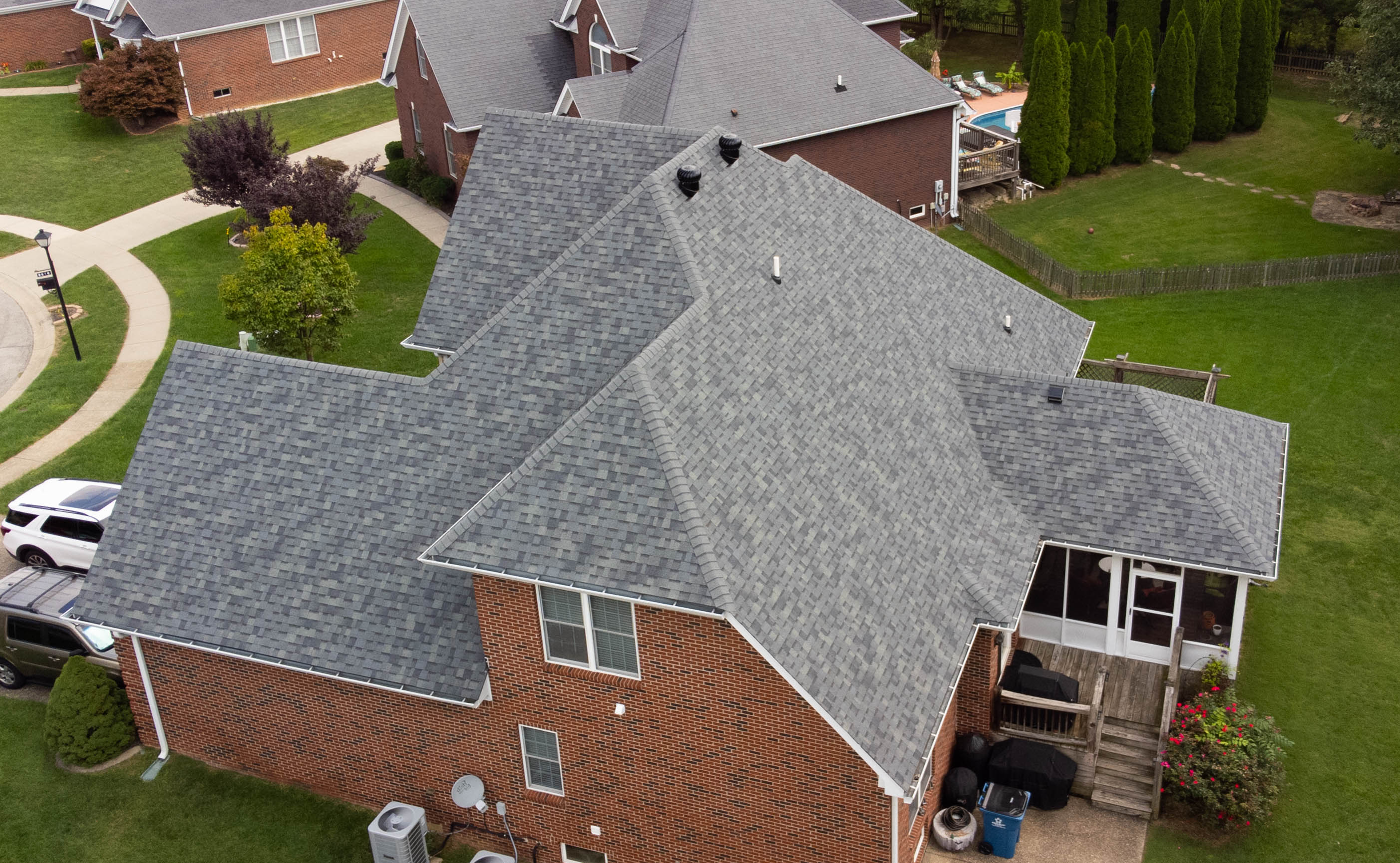 Aerial side view of full roof installation completed by Roof it Right