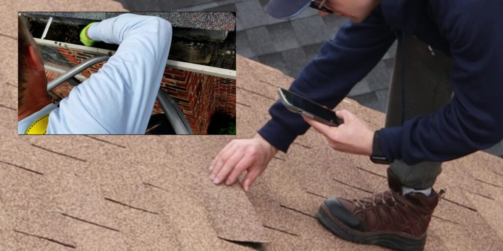 A man inspecting a roof overlayed with a photo of a man's arm cleaning out a gutter.